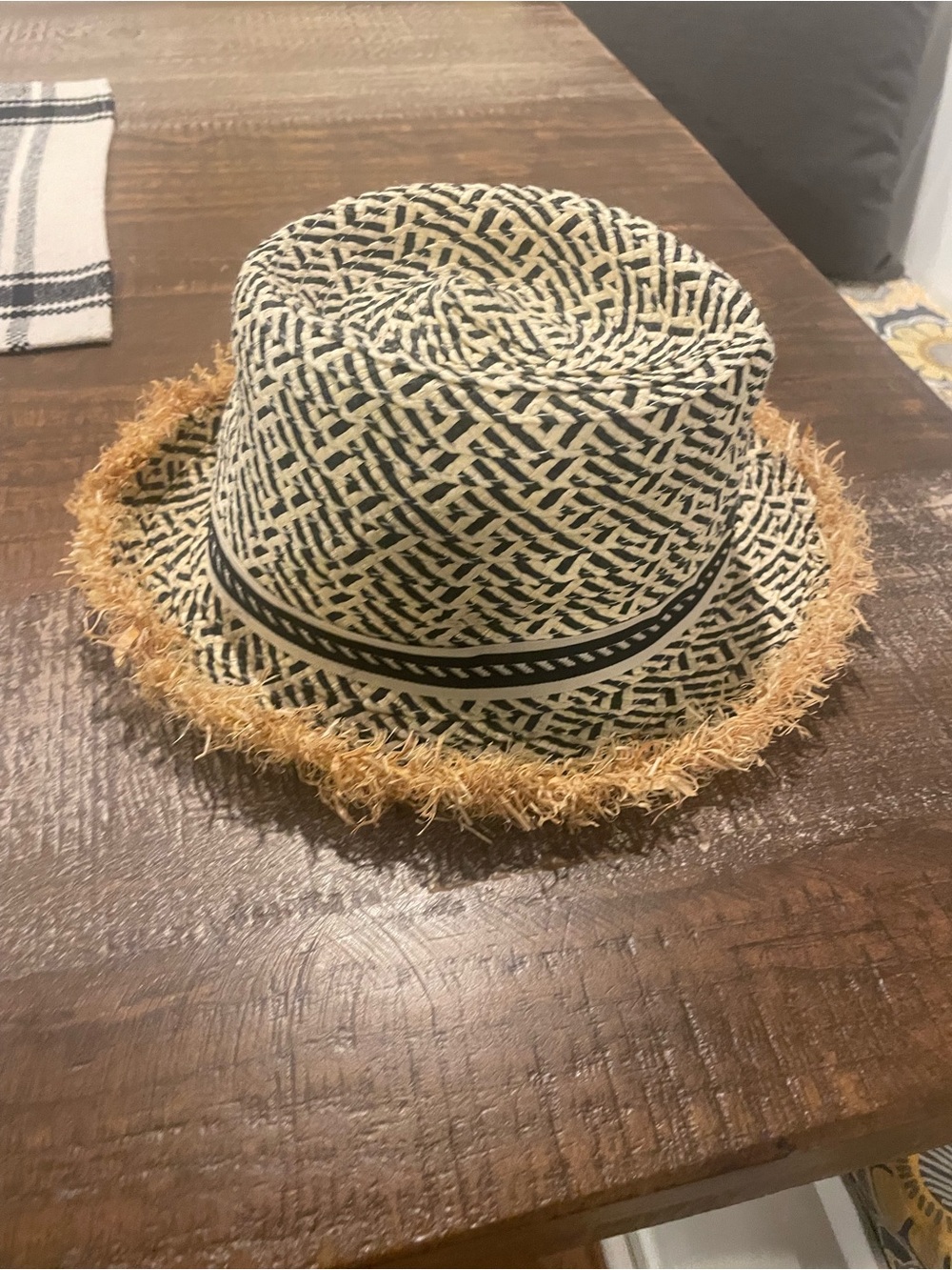 Toddler boys straw Fedora Hat with Frayed Brim - Black & Natural